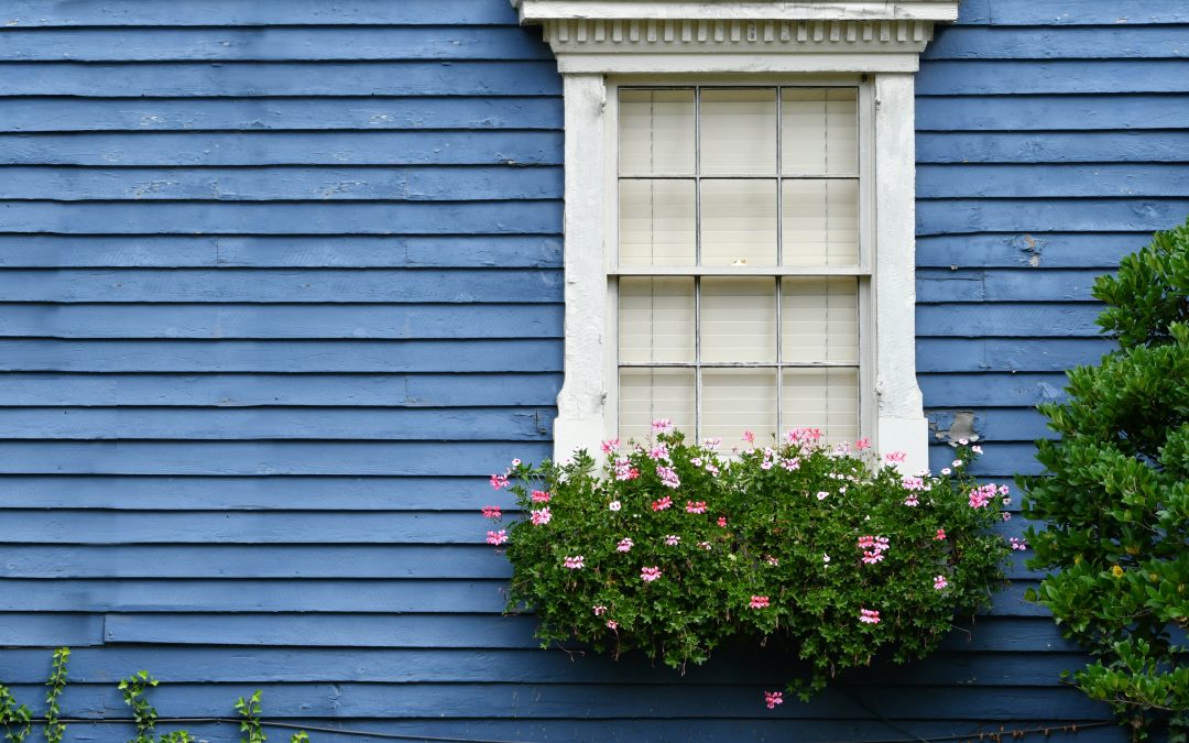 Beautiful blue house in May weather.